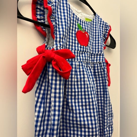 Charming Blue Checkered Romper with Red Apple Detail - Picture 3 of 6